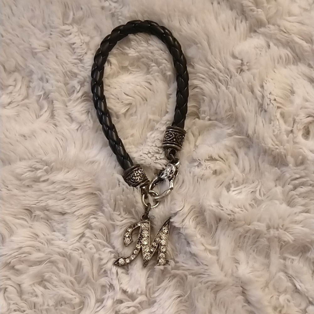 Vintage 90's Leather 'M' Bracelet with Crystal embellishment